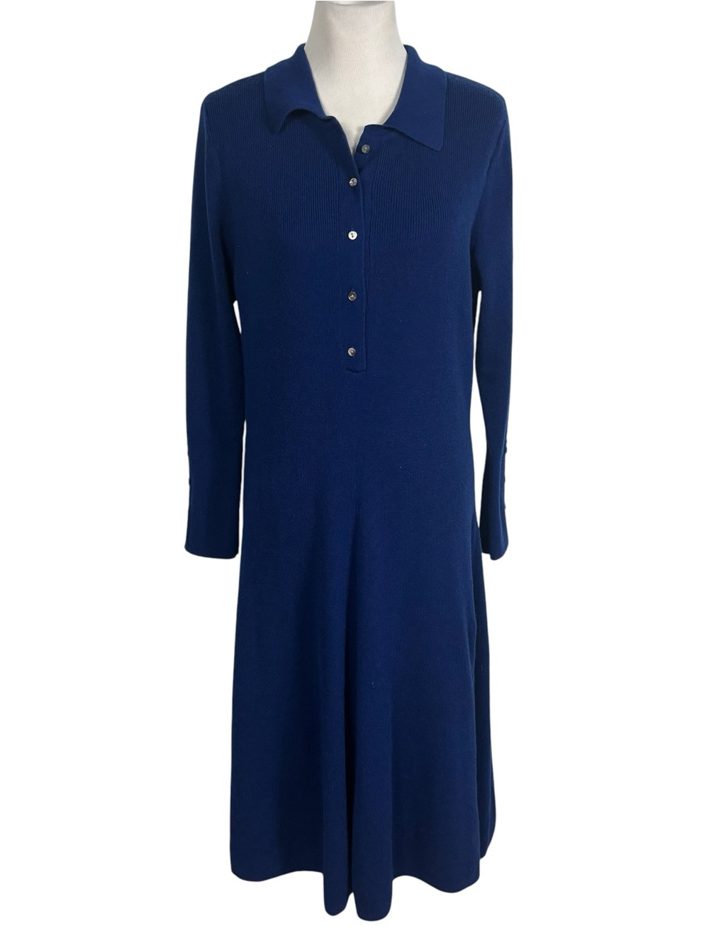 Munrospun Merino Cashmere Blue Collared Sweater Dress Large Preppy Quiet Luxury